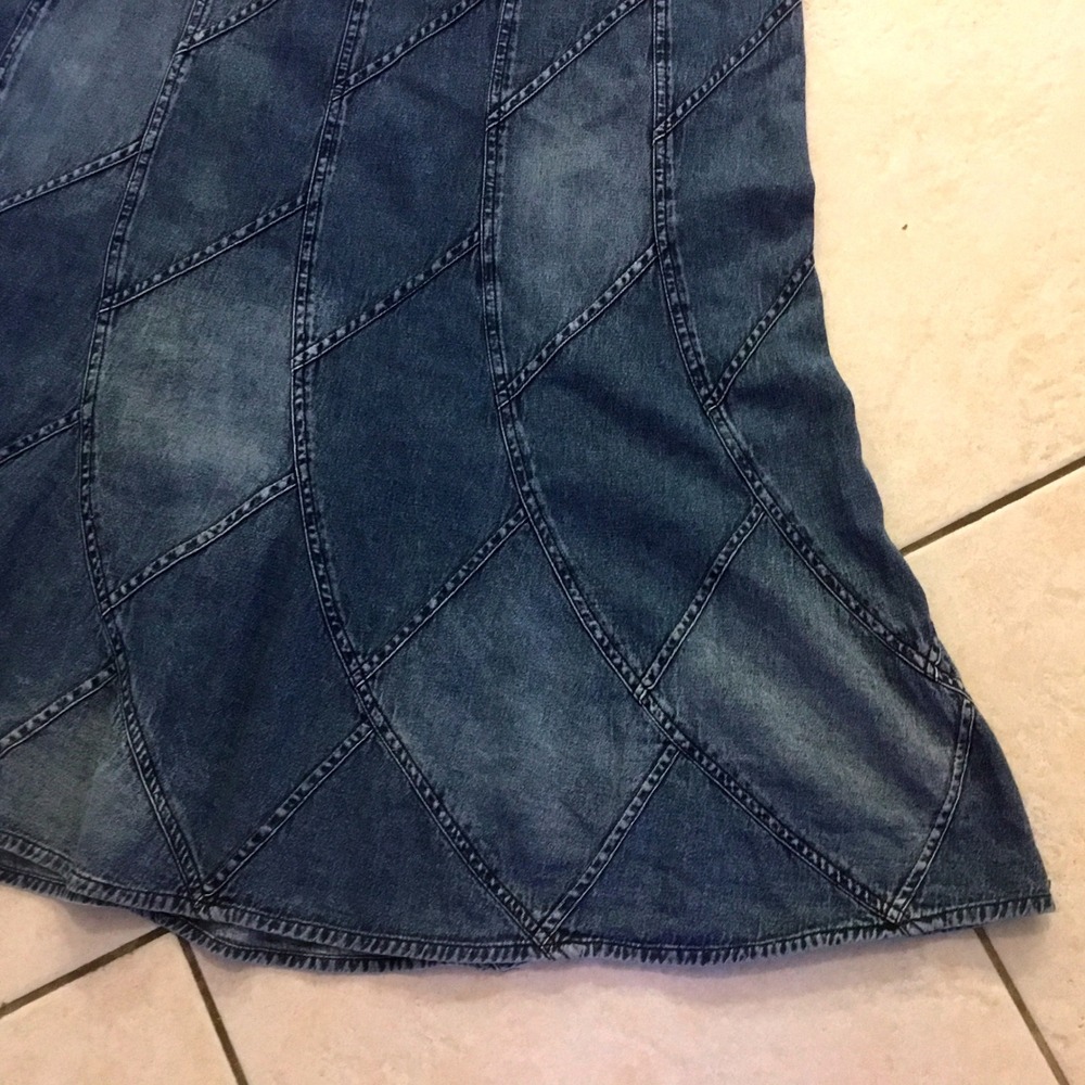 Blue Patchwork Denim Skirt‎ Vintage XL A-Line Elastic Back Boho Midi 100 Cotton - Picture 3 of 8